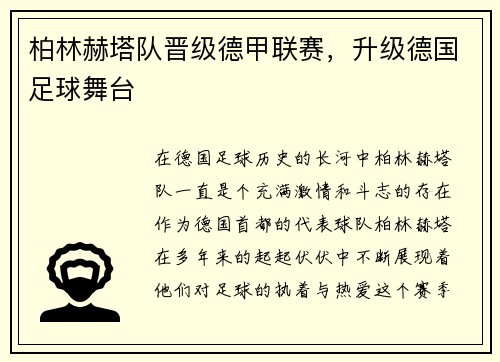 柏林赫塔队晋级德甲联赛，升级德国足球舞台